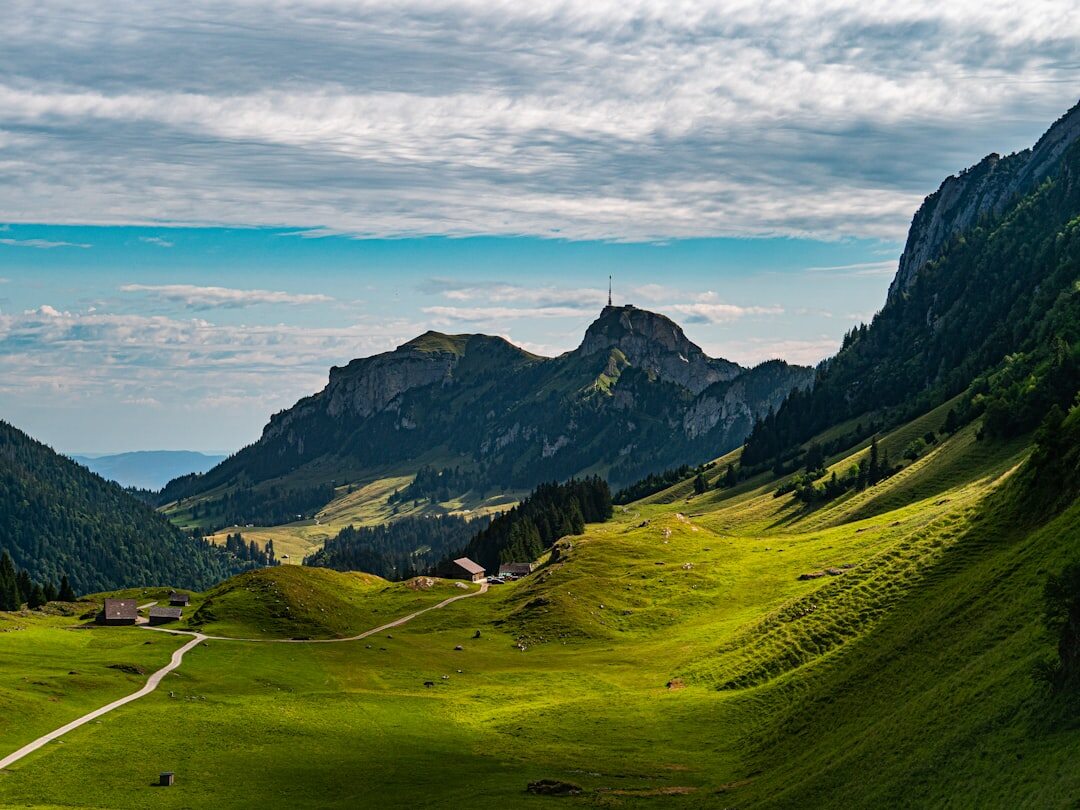 Panoramic view of green Swiss valley with mountains under a bright sky